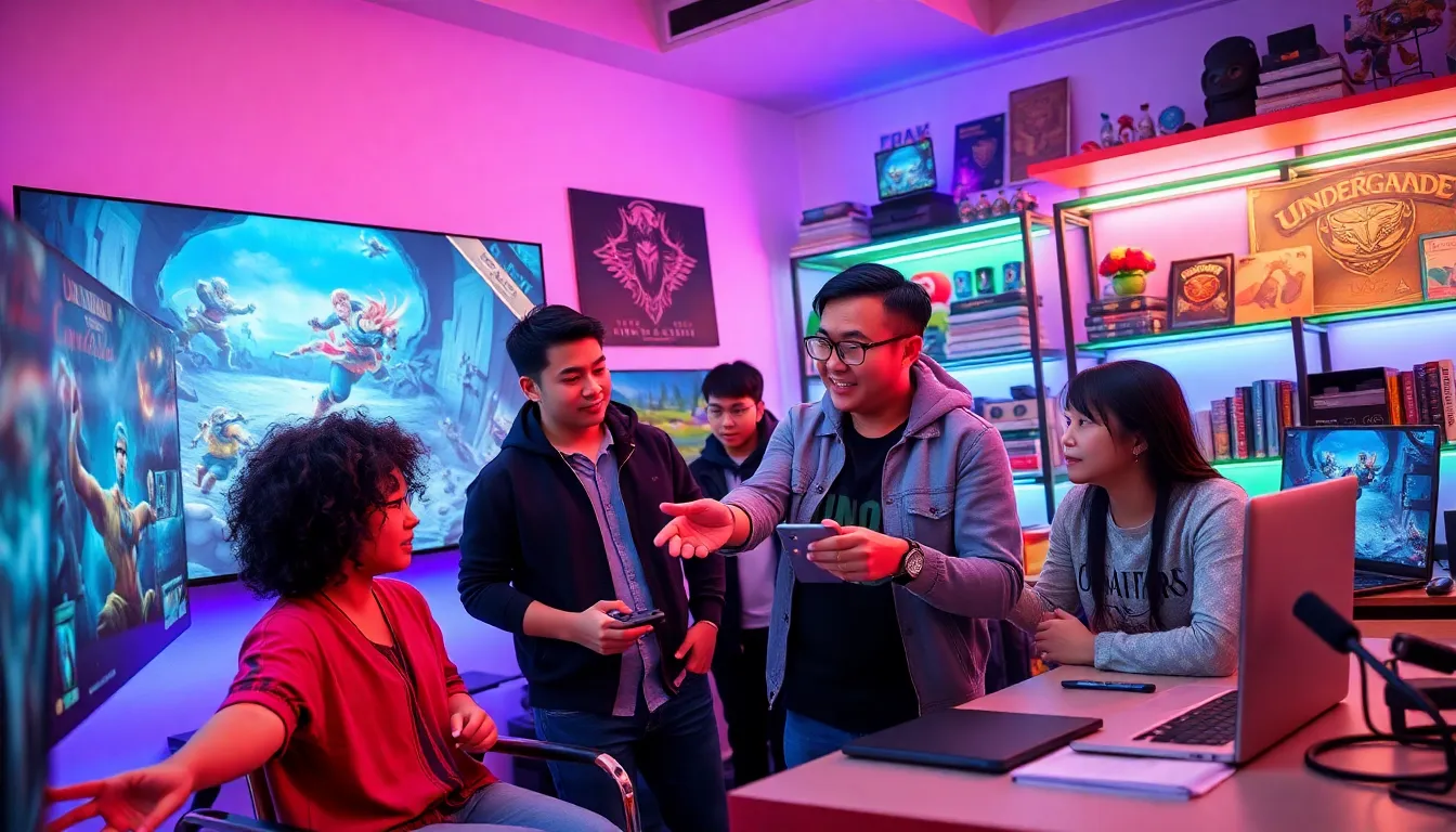 diverse group of gamers collaborating in a modern game room.