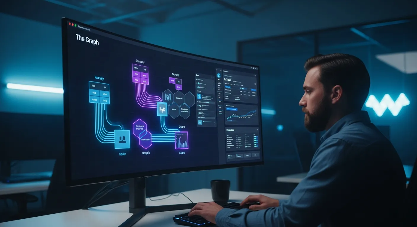 A developer viewing a visualization of digital data infrastructure on a computer screen.