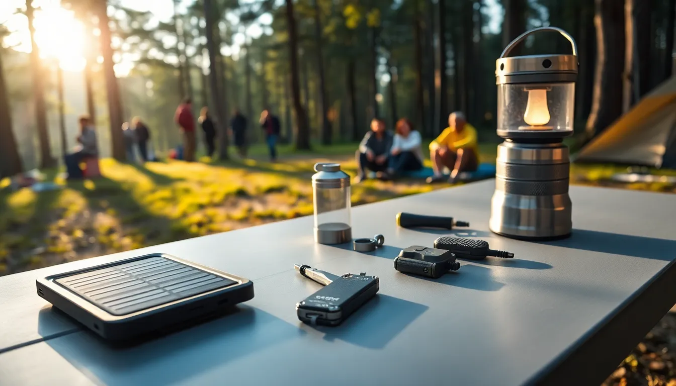 array of modern camping gadgets on a picnic table in the forest.