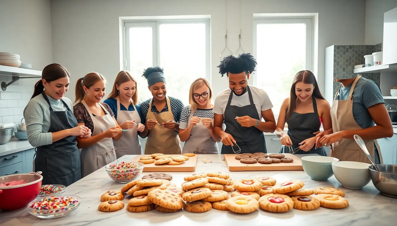 diverse bakers decorating cookies in a bright kitchen setting.