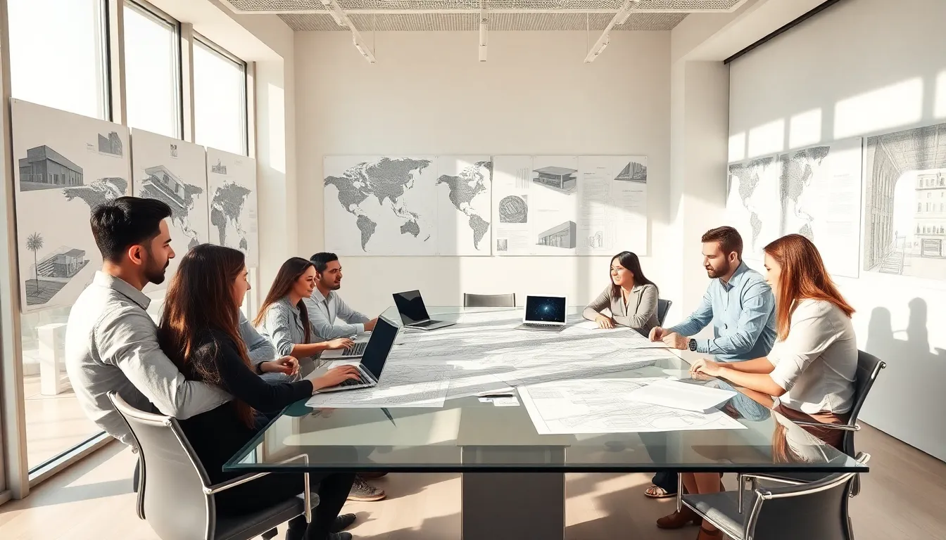 diverse architects collaborating in a modern office environment.