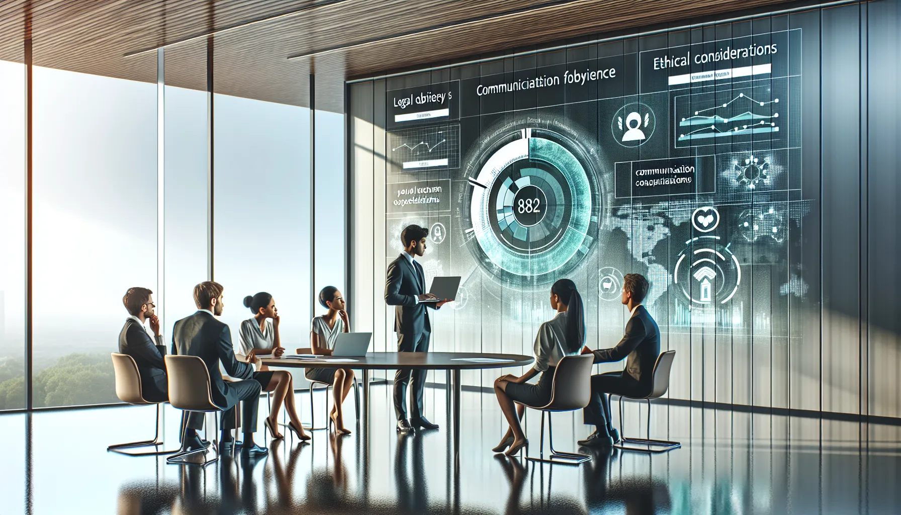 diverse professionals discussing communication ethics in a modern office.