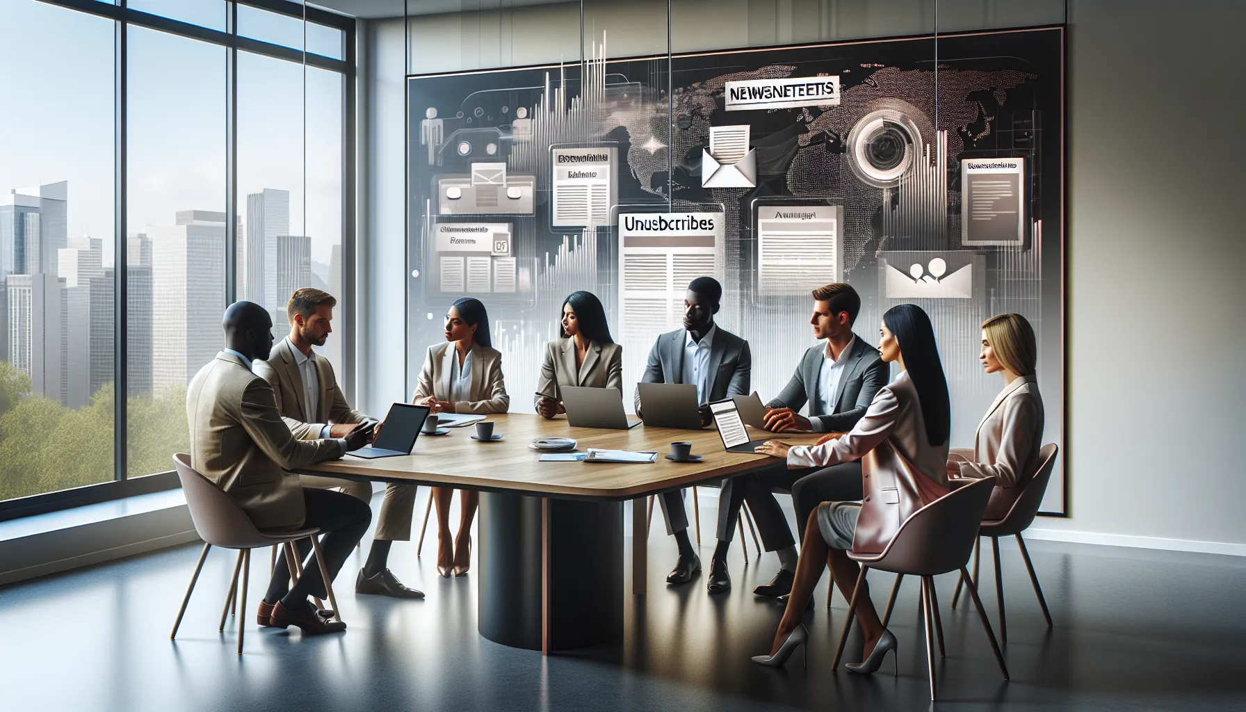 diverse team discussing newsletter subscriptions in a modern office.