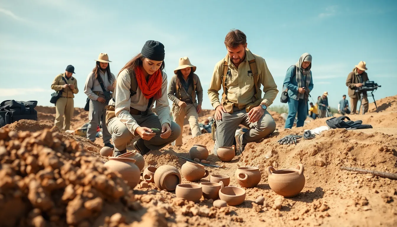 archaeologists examining artifacts at an excavation site.