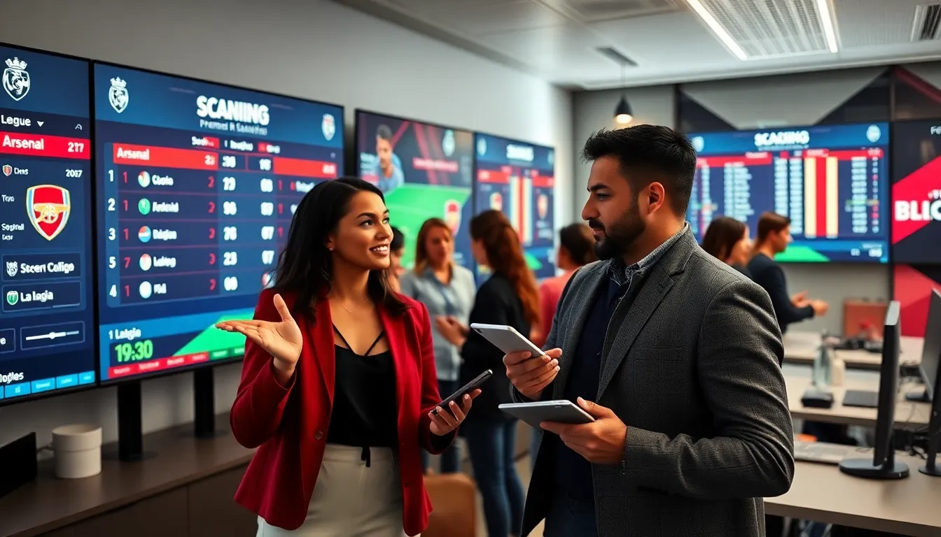 professionals analyzing football standings in a modern sports office