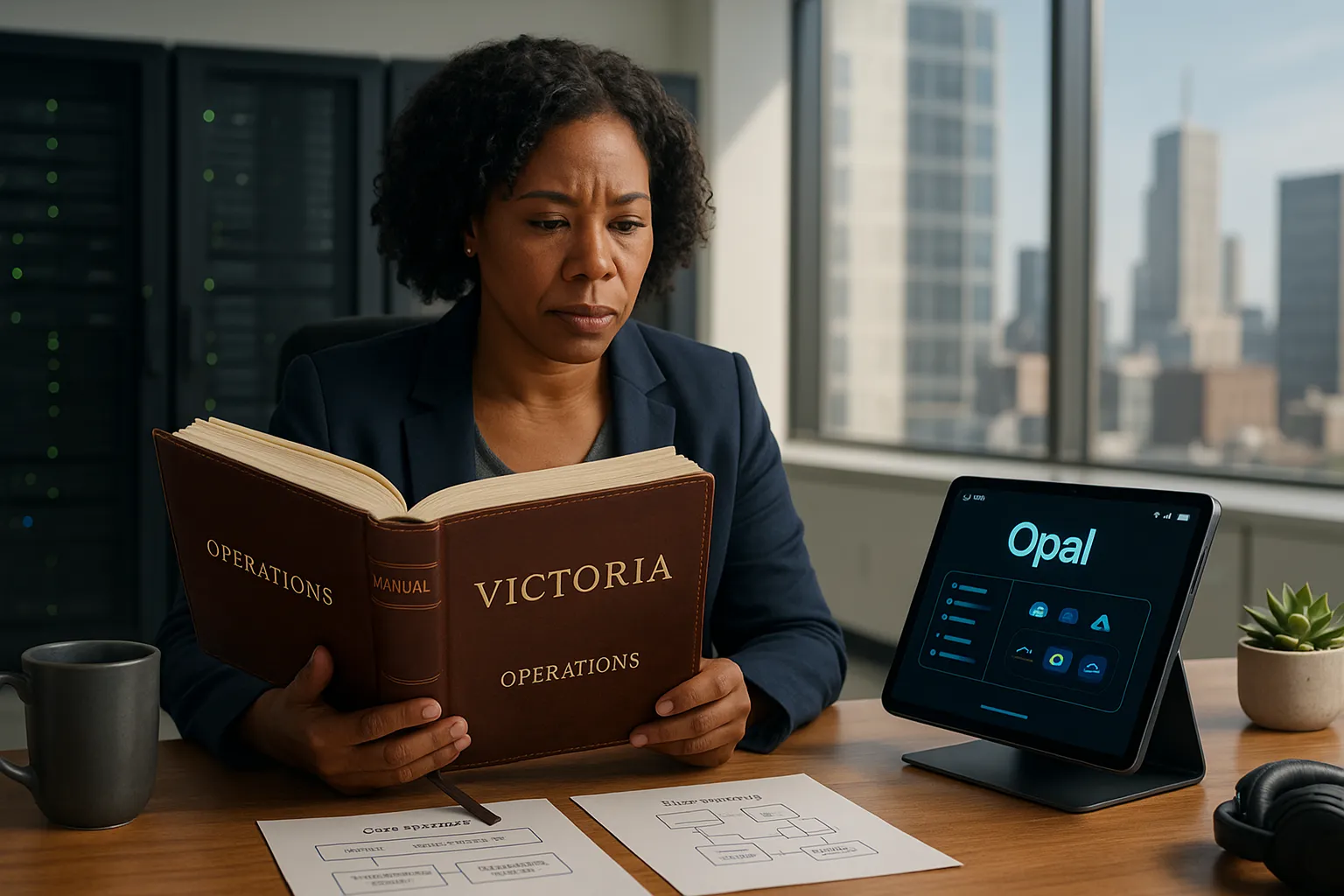 Engineer comparing a heavy Victoria manual and a sleek Opal tablet in an office.