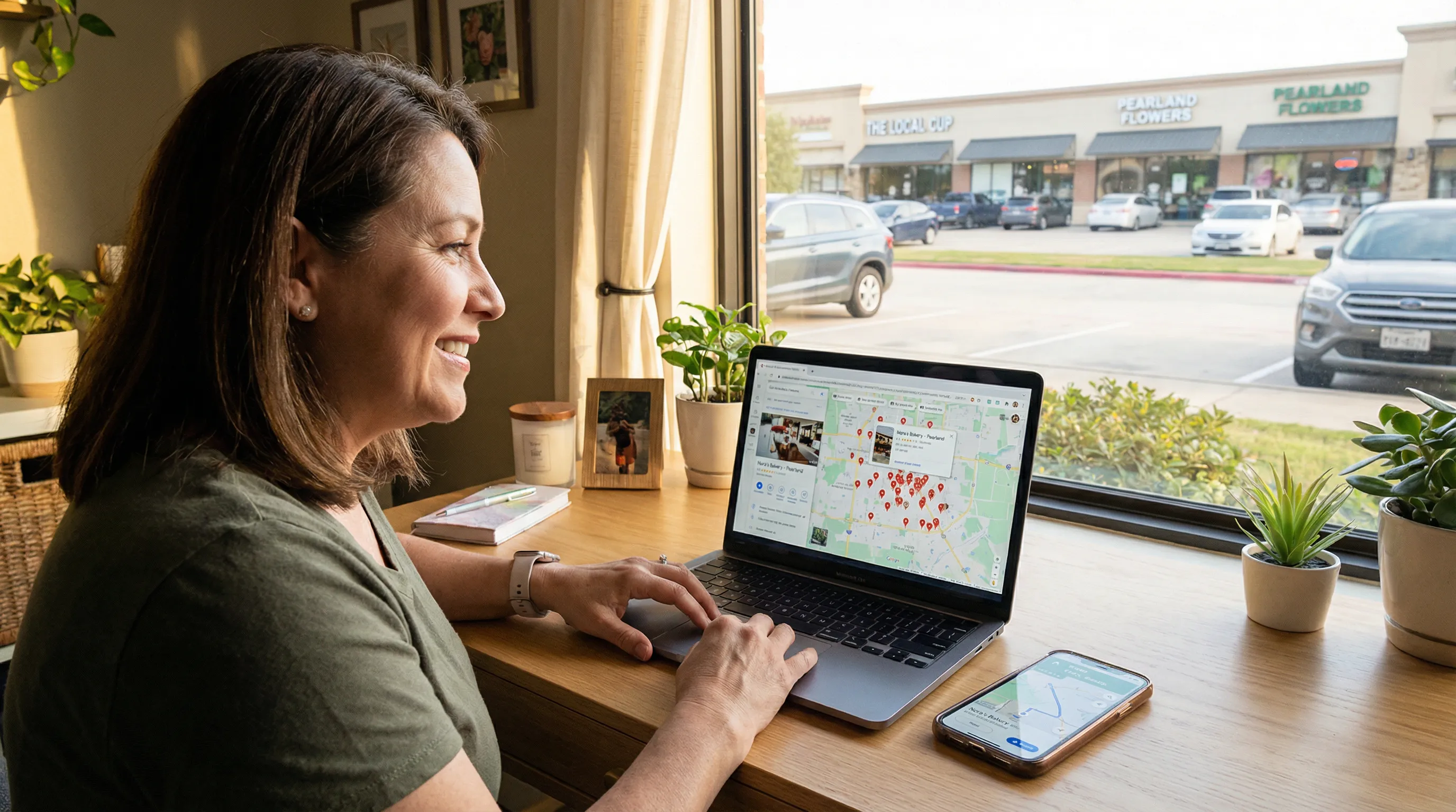 Business owner in Pearland reviewing a laptop map with highlighted local listings, suggesting strong visibility in local searches.