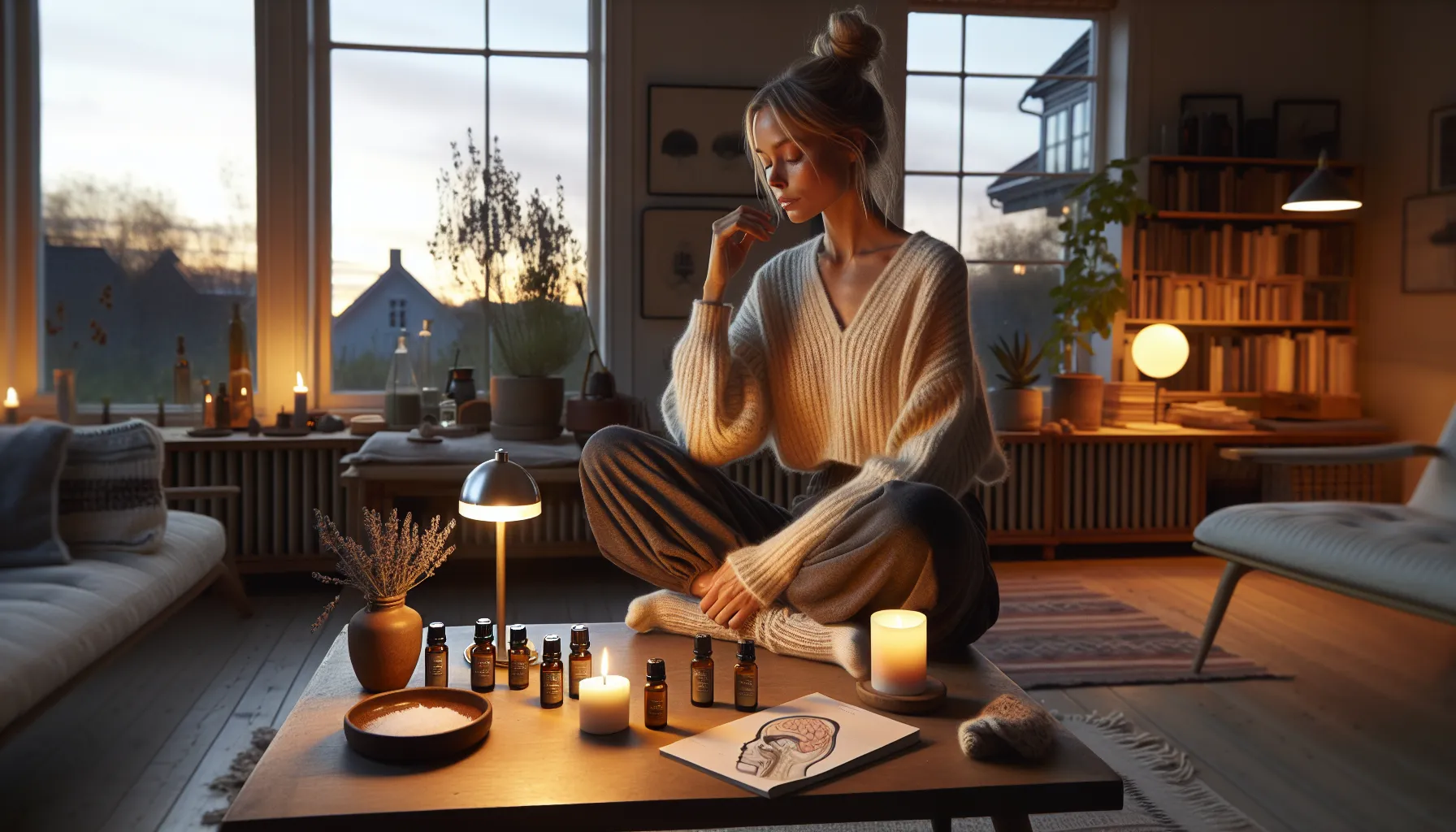 Woman in a cozy norwegian living room relaxing with aromatherapy diffuser and oils.