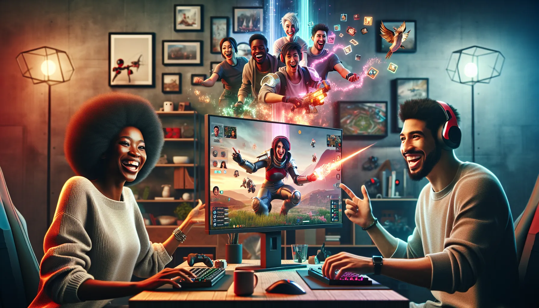 diverse gamers collaborating in a modern home office while playing Zhimbom.