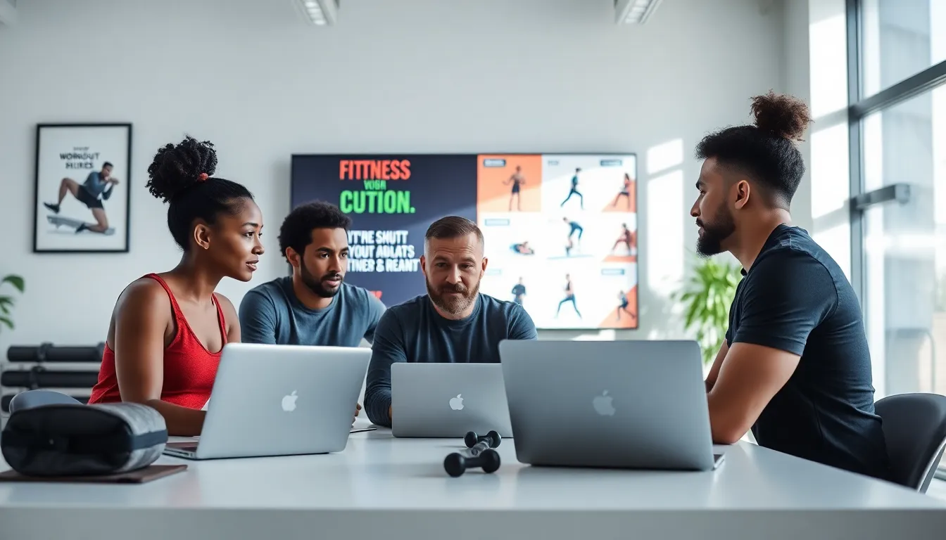 diverse fitness team collaborating in a modern workspace.
