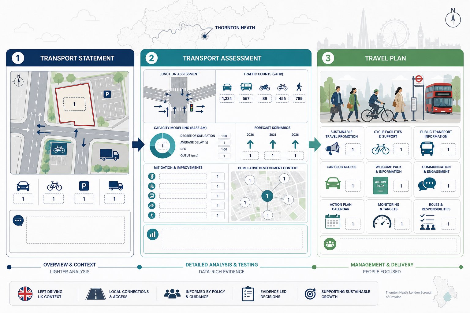 comparison infographic of Transport Statement, Transport Assessment, and Travel Plan.
