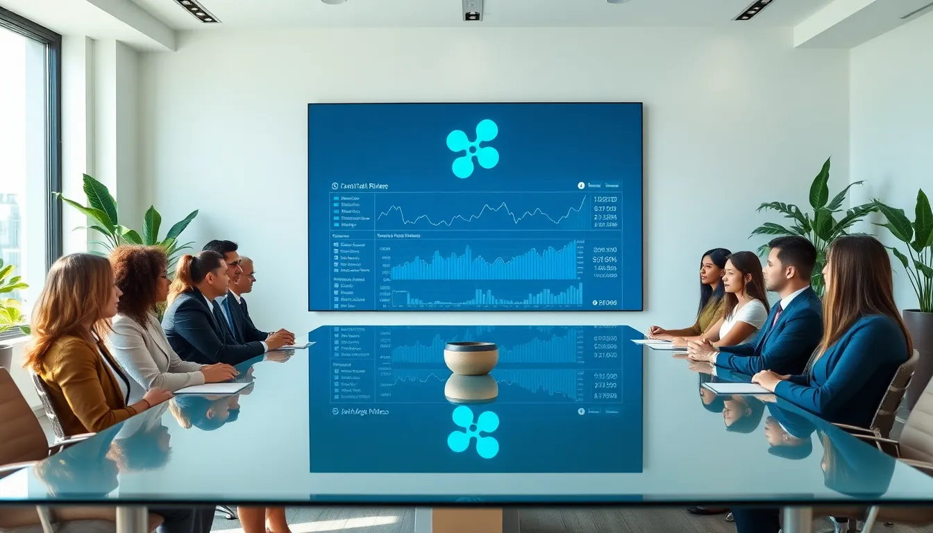 diverse team discussing Ripple’s role in cryptocurrency in a modern office.