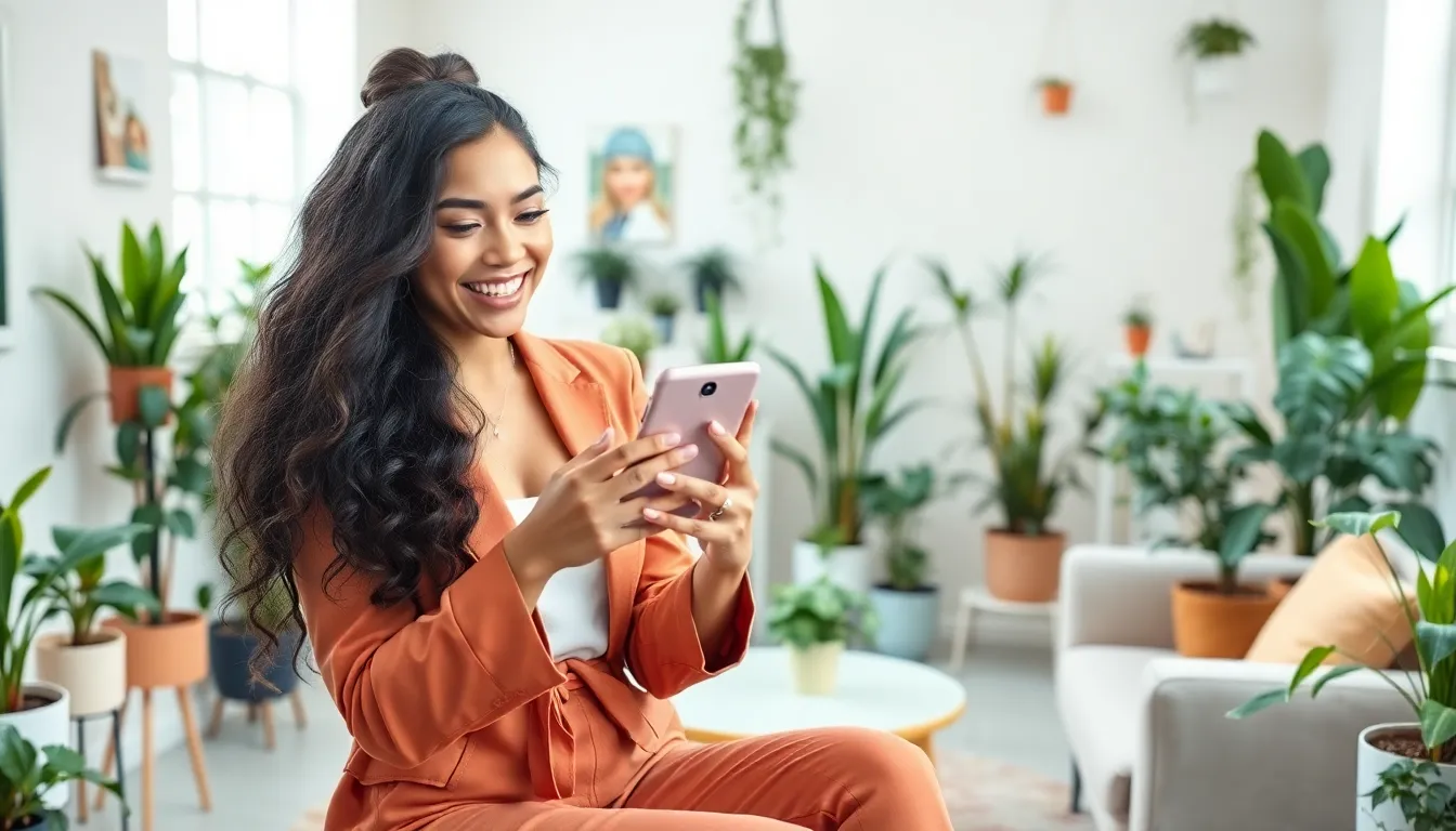 Janicekellex in a bright studio, engaging with her smartphone.