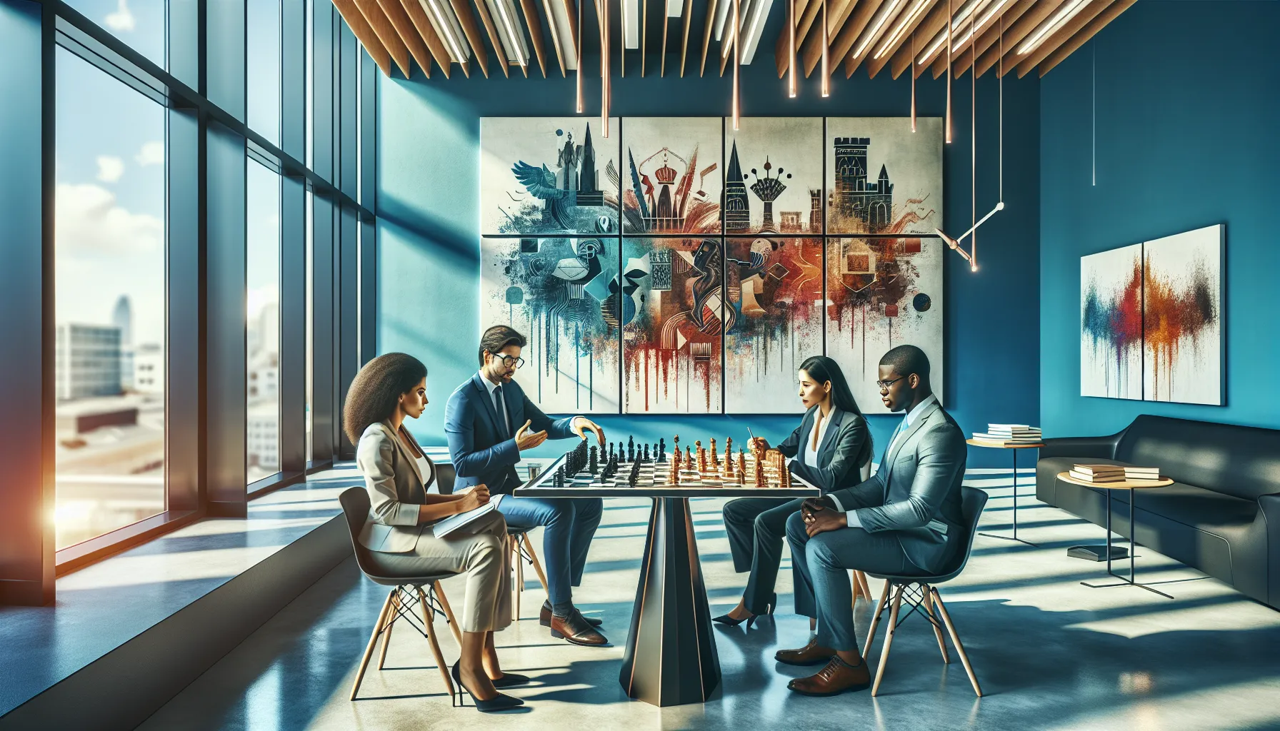 diverse group discussing a cultural game in a modern learning space.