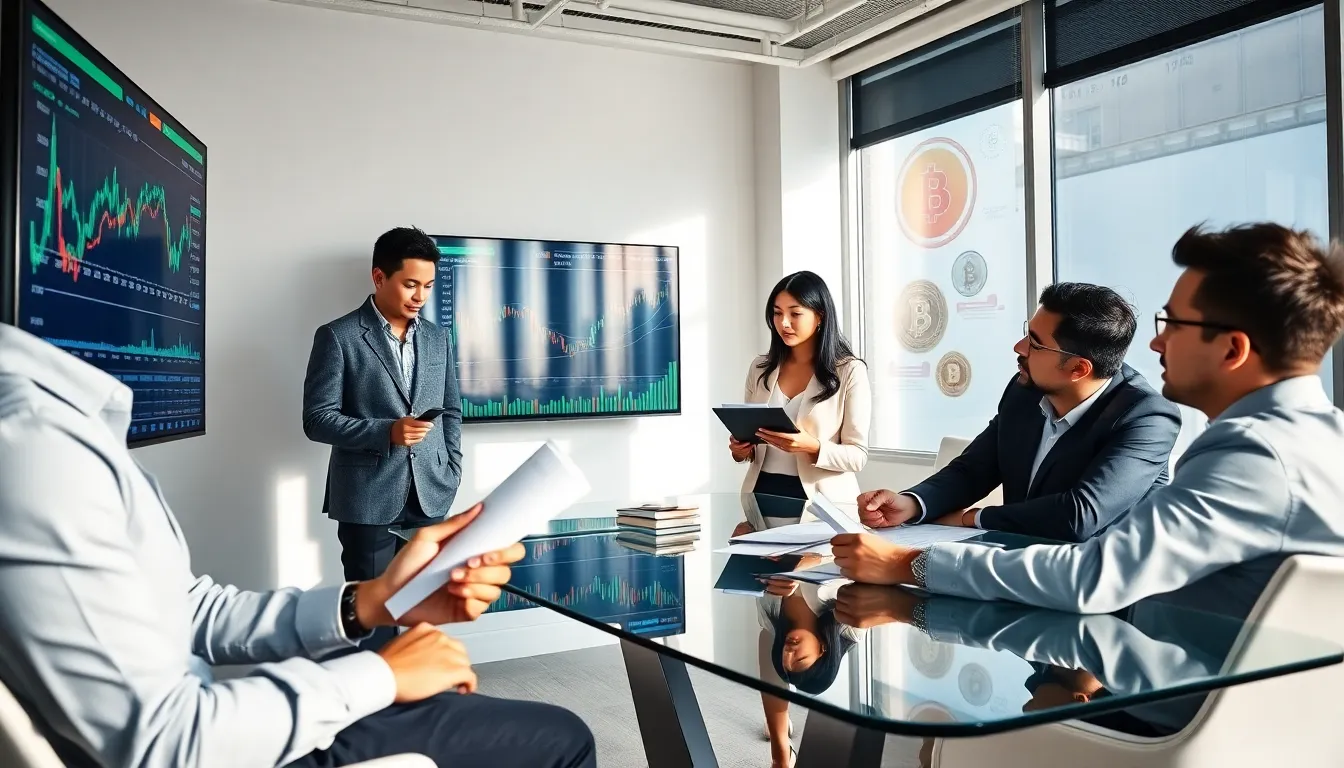 professionals discussing cryptocurrency in a modern office setting.