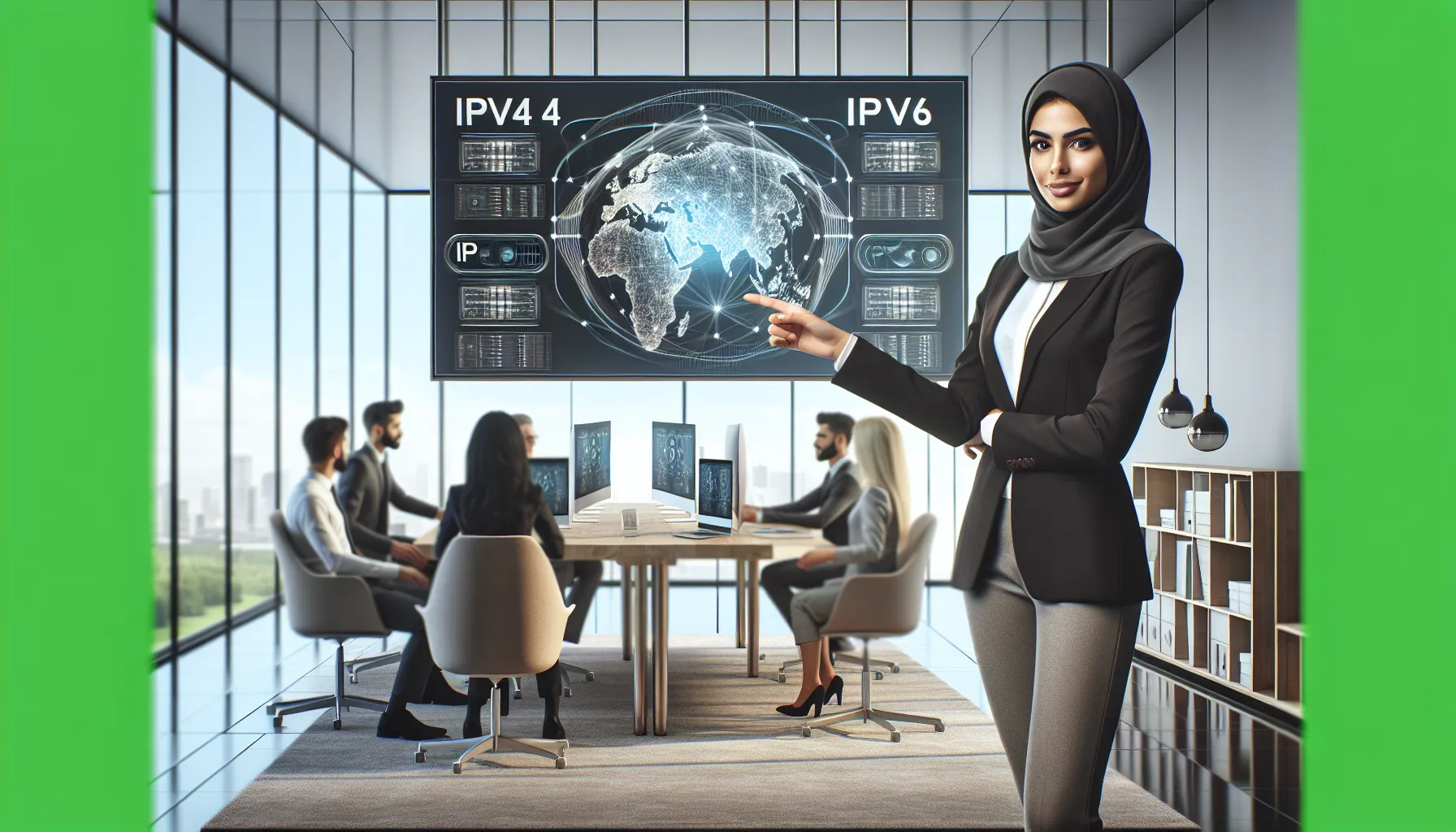 diverse team discussing IP addresses in a modern office.