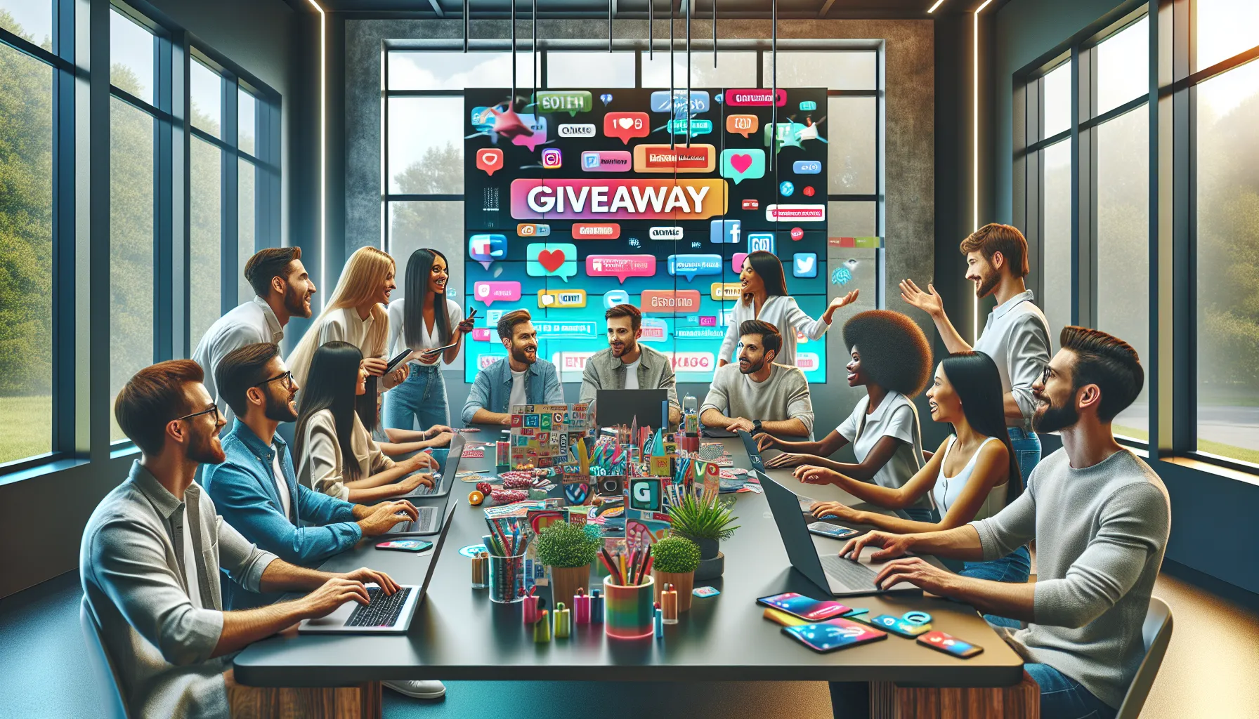 group discussing giveaway strategies in a modern office setting.