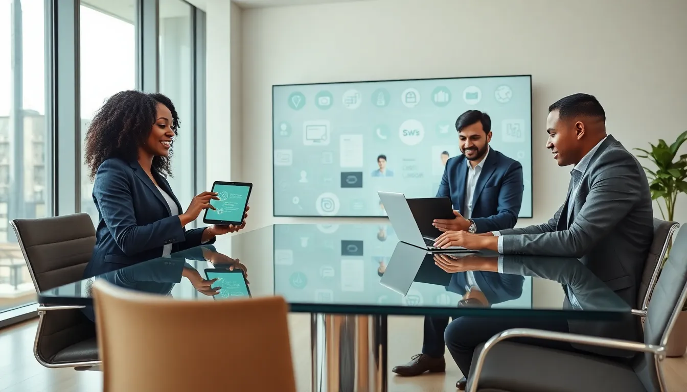 diverse professionals collaborating in a modern office setting.
