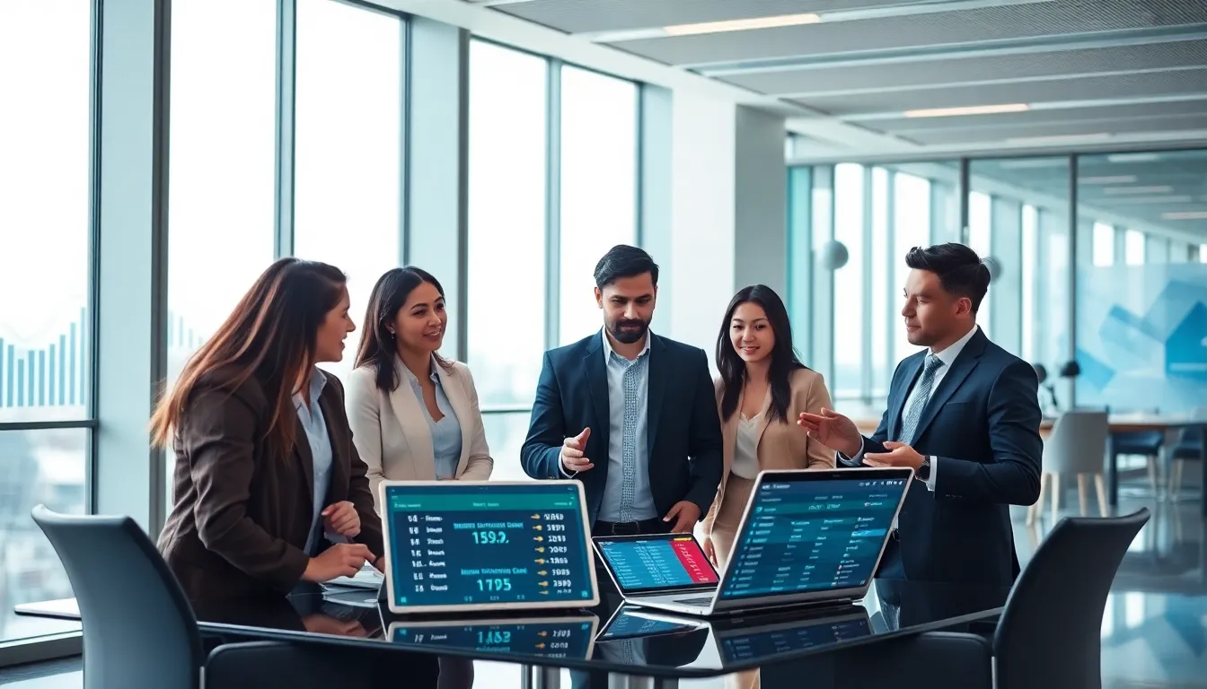 diverse professionals discussing online betting platforms in a modern office.