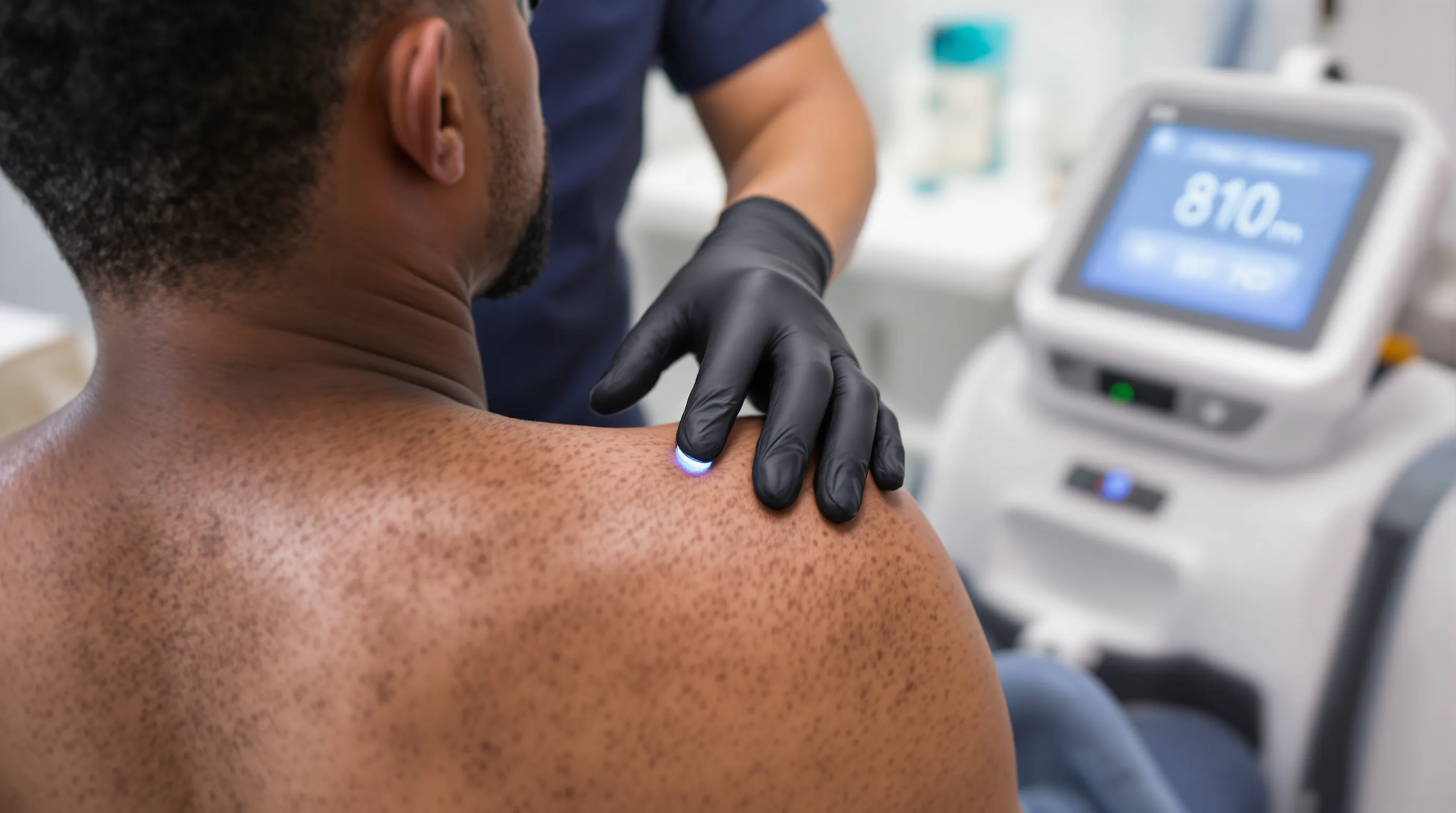 Clinician using an 810 nm diode laser on a man's hairy back.