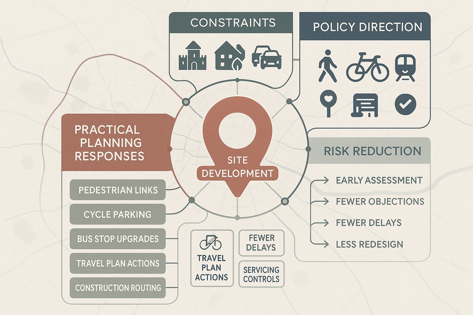 Infographic showing how transport planning shapes development decisions in Colchester.