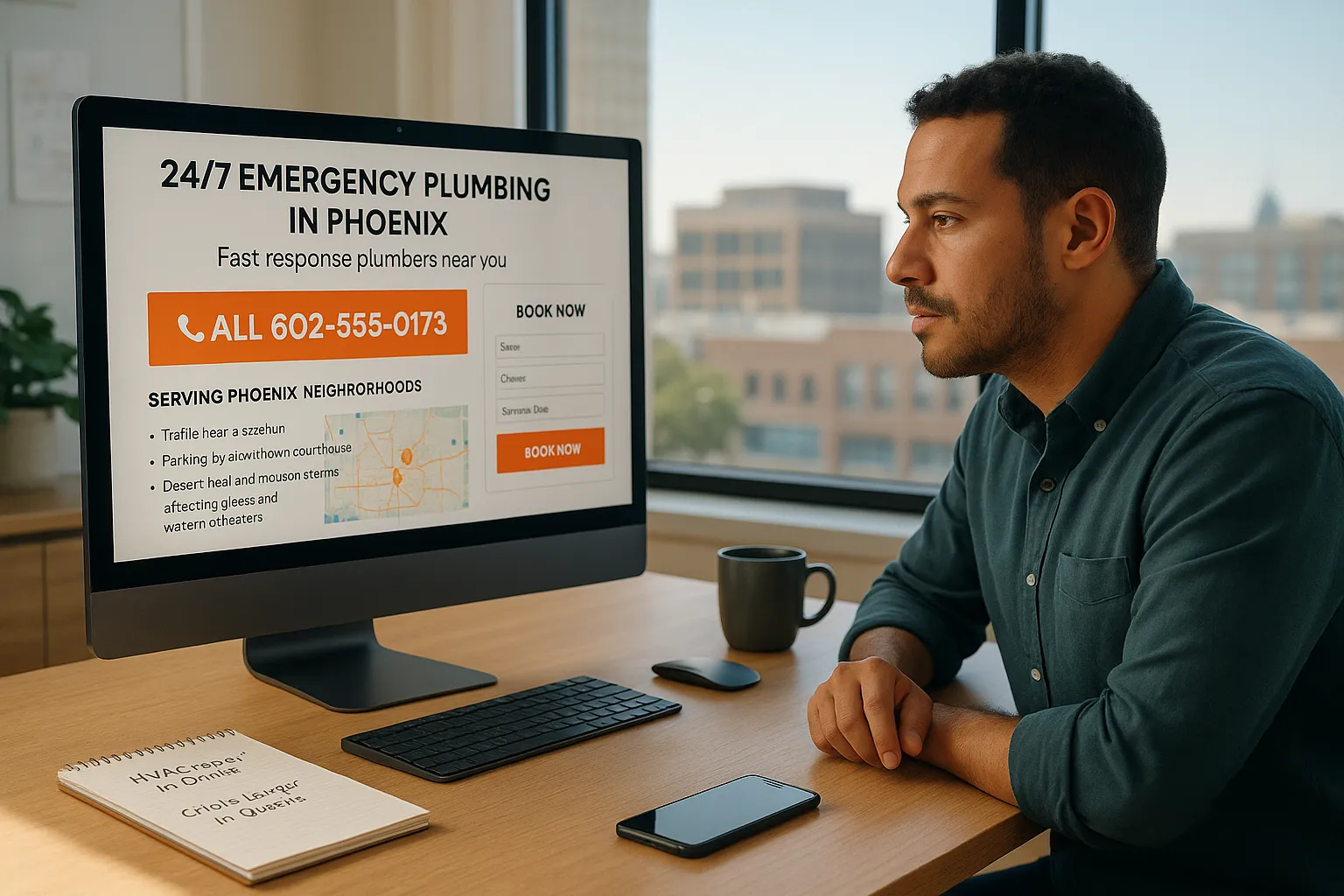 Business owner reviews a local SEO landing page highlighting emergency plumbing in Phoenix.