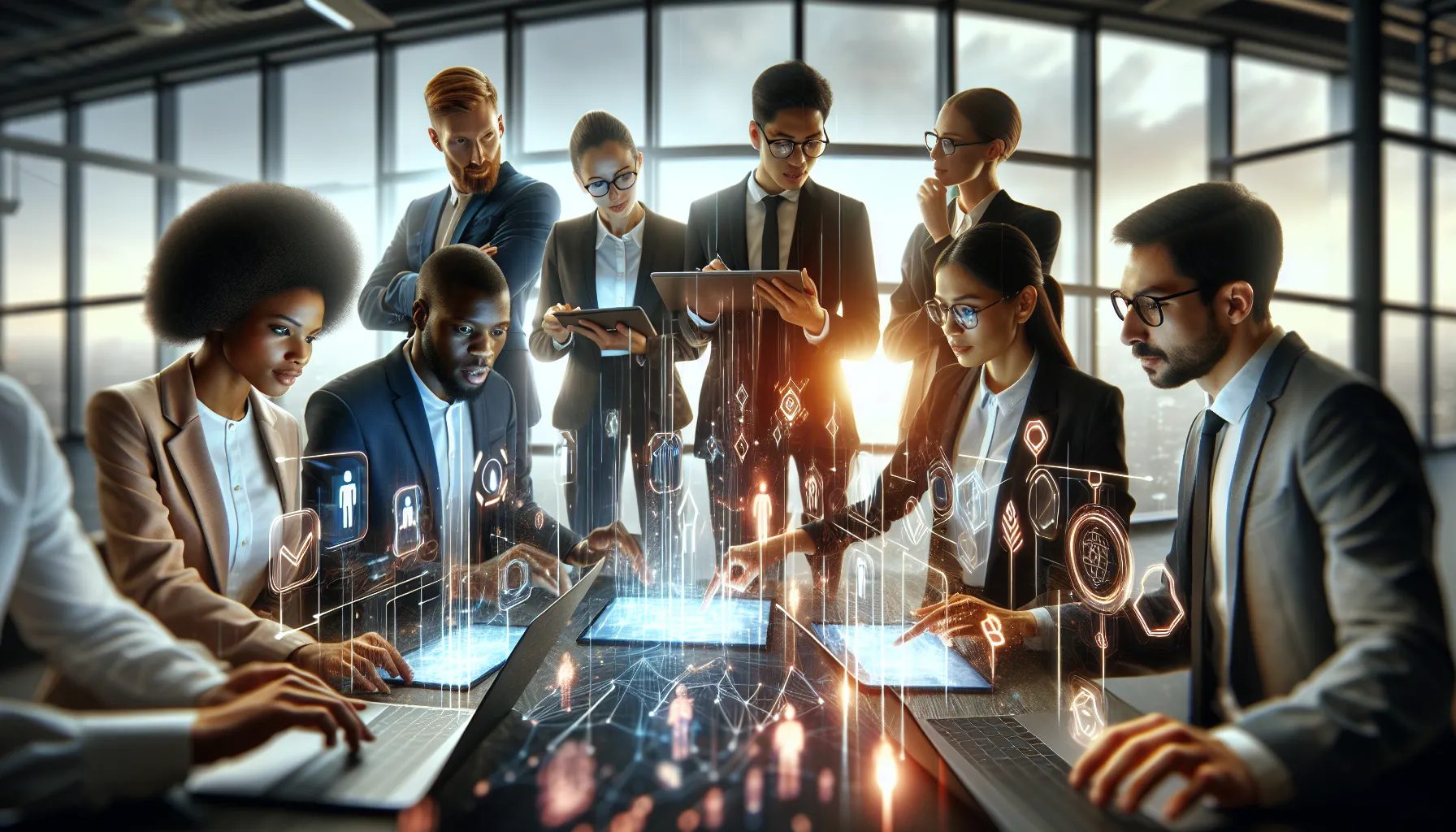 diverse team collaborating on innovative technology in a bright office.