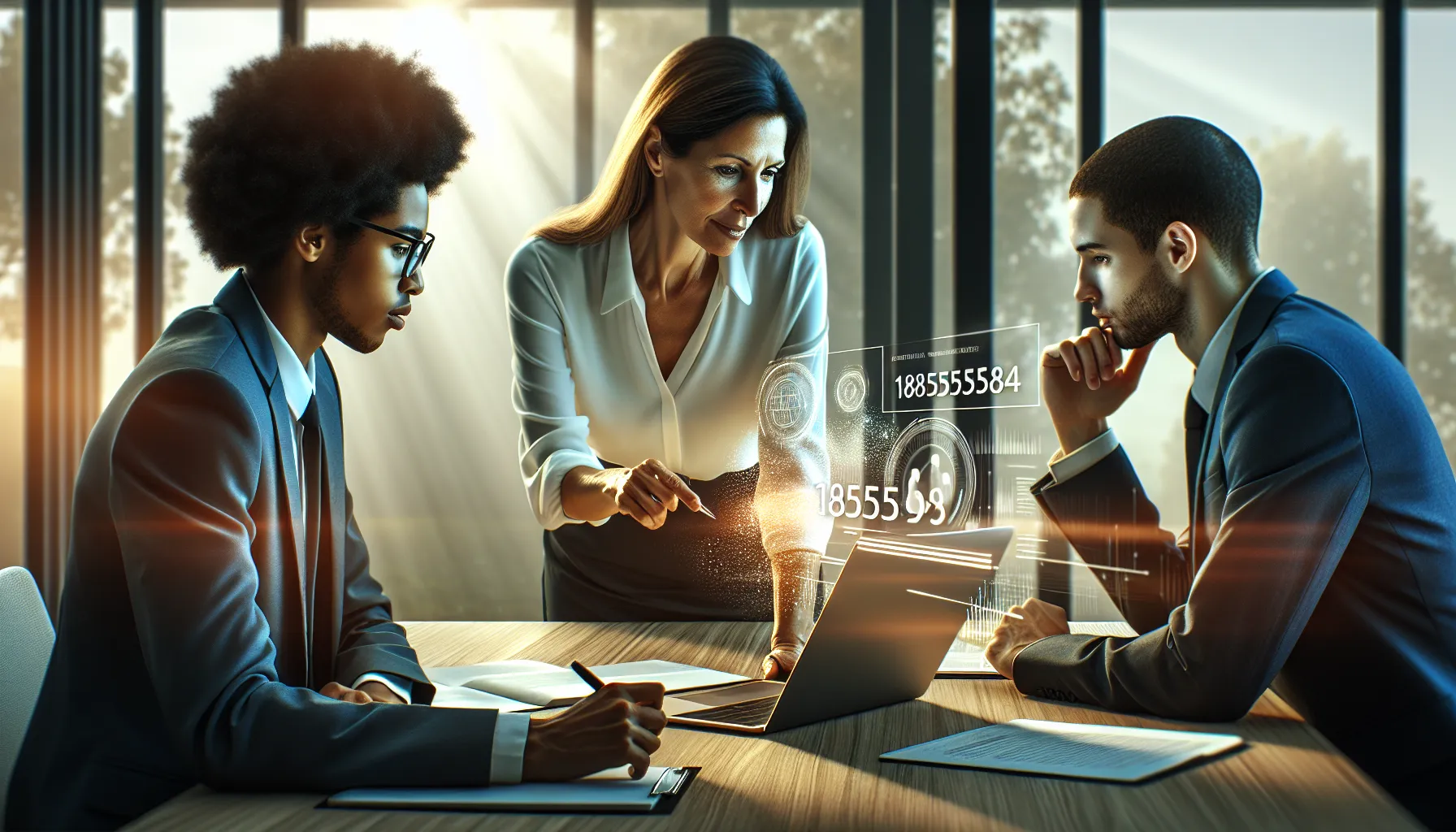 diverse team discussing the significance of a number in a modern office.