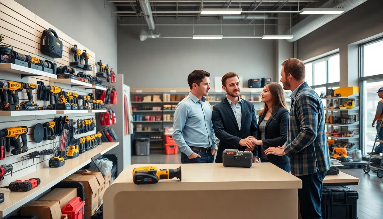 diverse team discussing hardware products in a modern store.