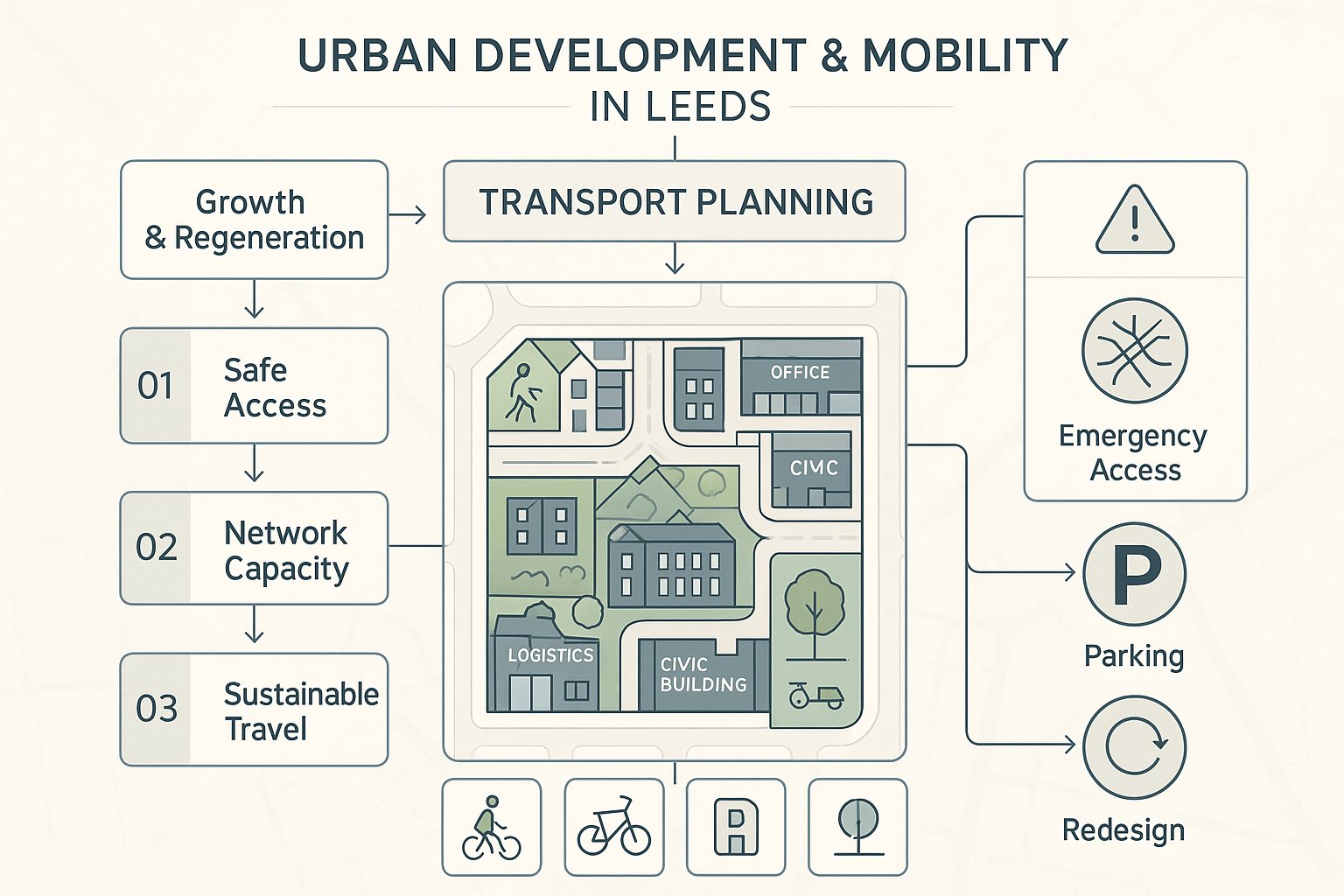 Infographic showing how transport planning shapes development decisions in Leeds.