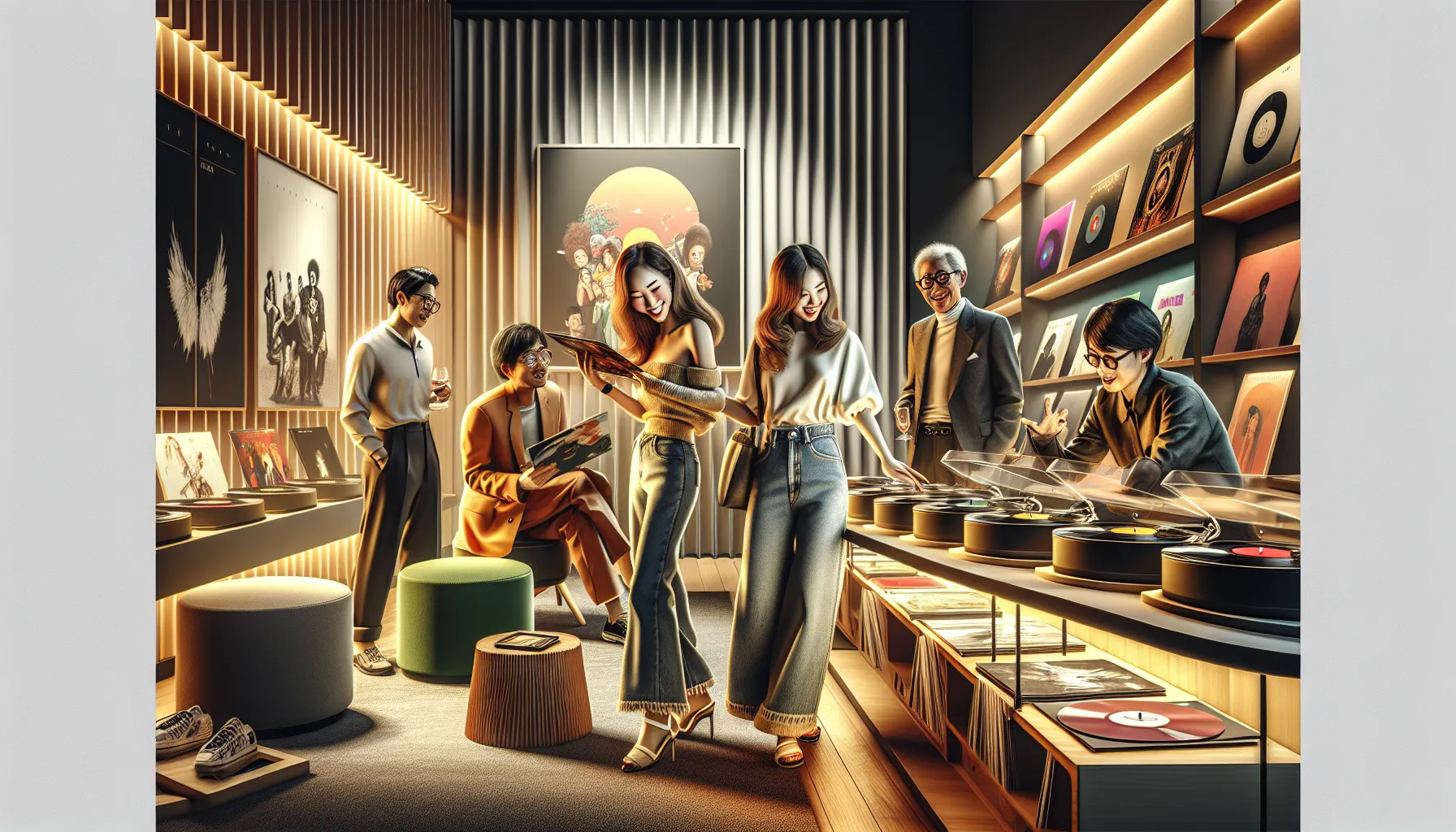 group of vinyl enthusiasts in a pop-up shop in Jakarta.