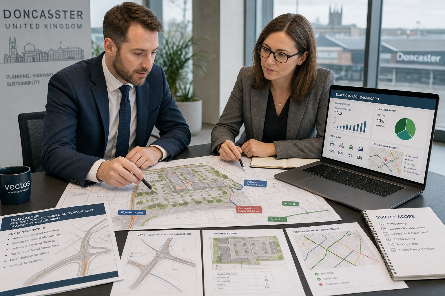 Traffic engineer reviewing development transport plans in a modern UK office.