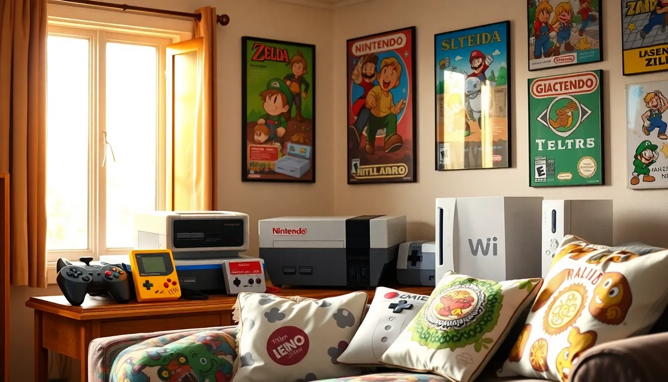 a cozy living room with iconic Nintendo consoles and game memorabilia.