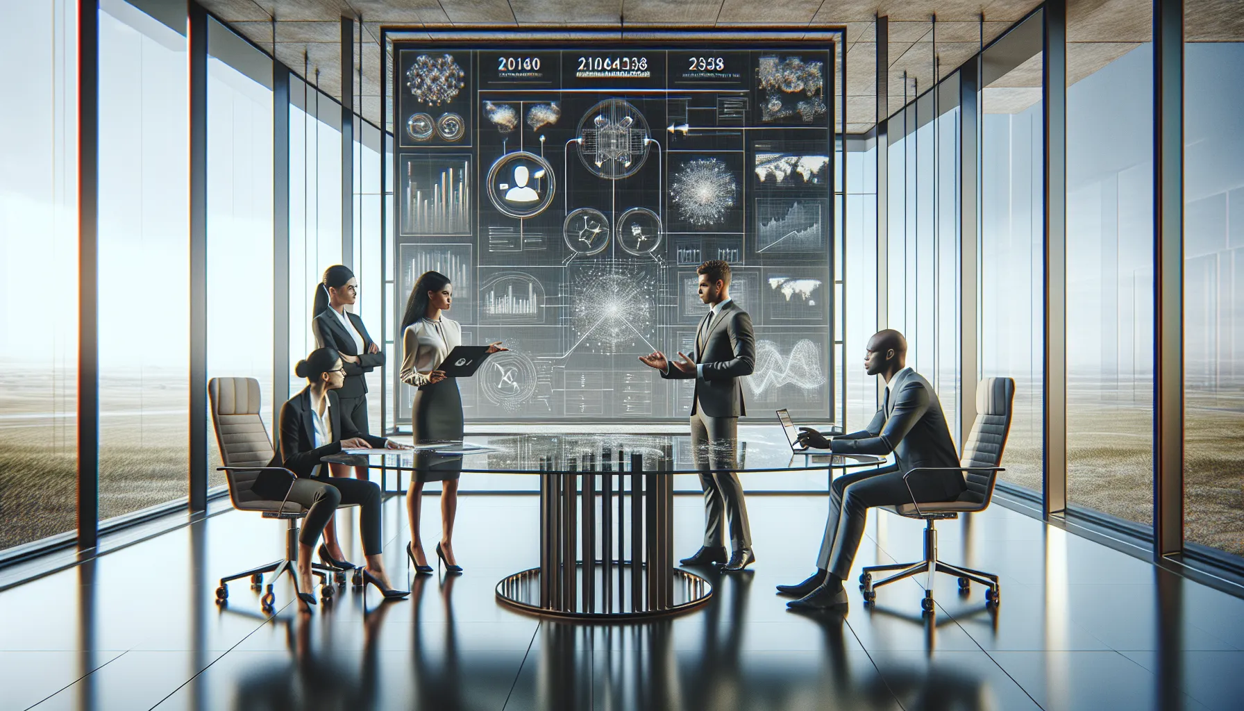 professionals discussing technology in a modern office with data display.