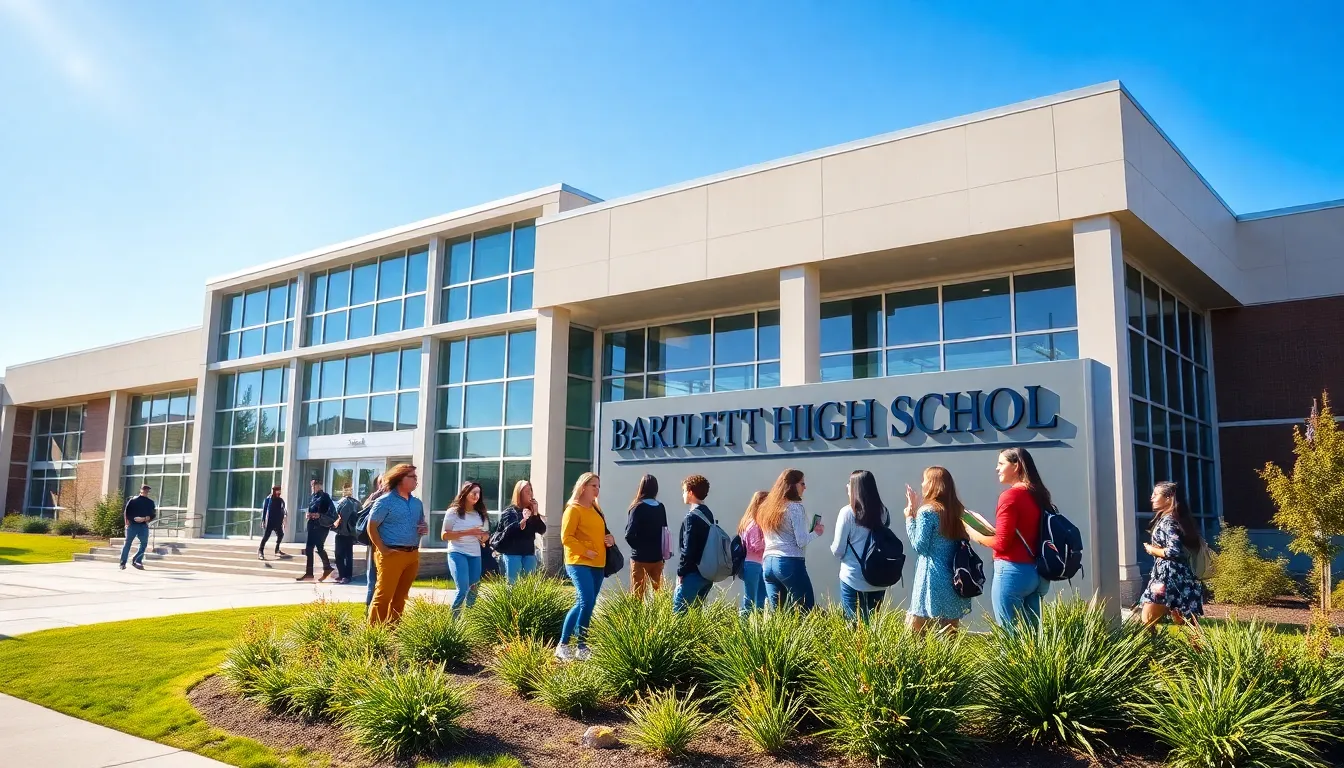 Bartlett High School with diverse students in front of a modern building.