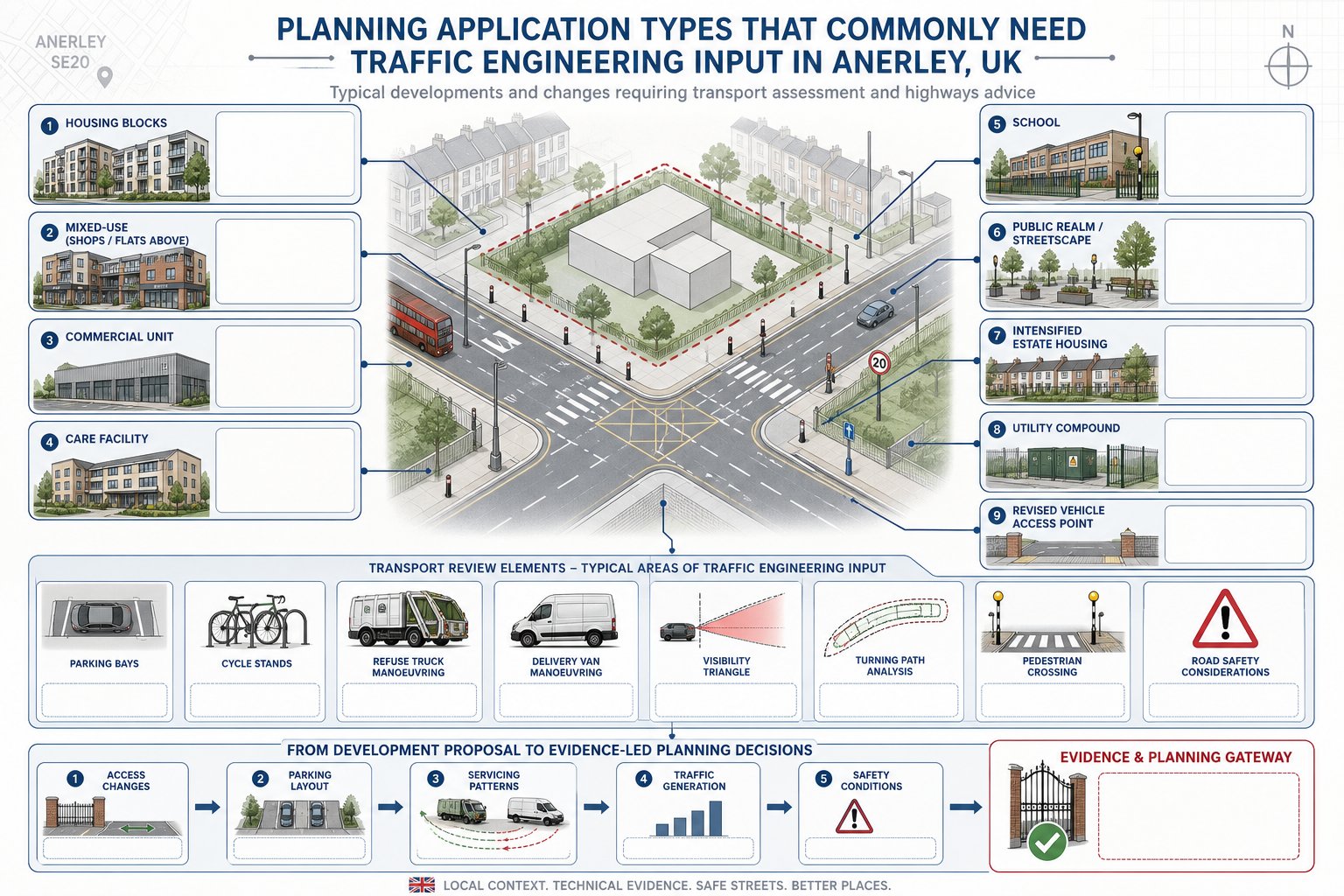 Infographic of developments and transport issues needing traffic engineering review in Anerley.