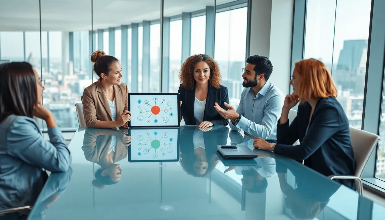diverse professionals discussing interconnected ideas in a modern office.