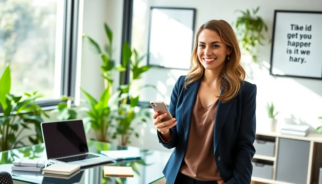 professional woman connecting with her audience in a modern office.
