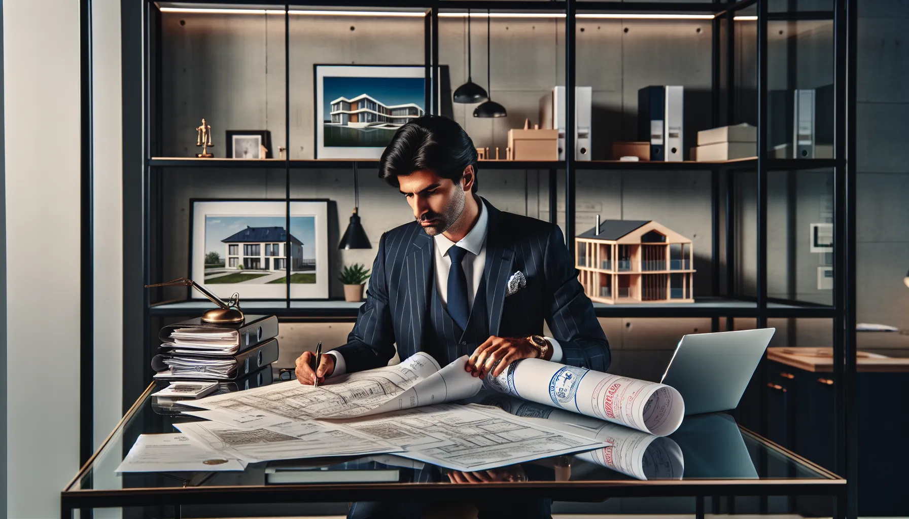 Professional examining building permits and documents in modern Croatian office setting.