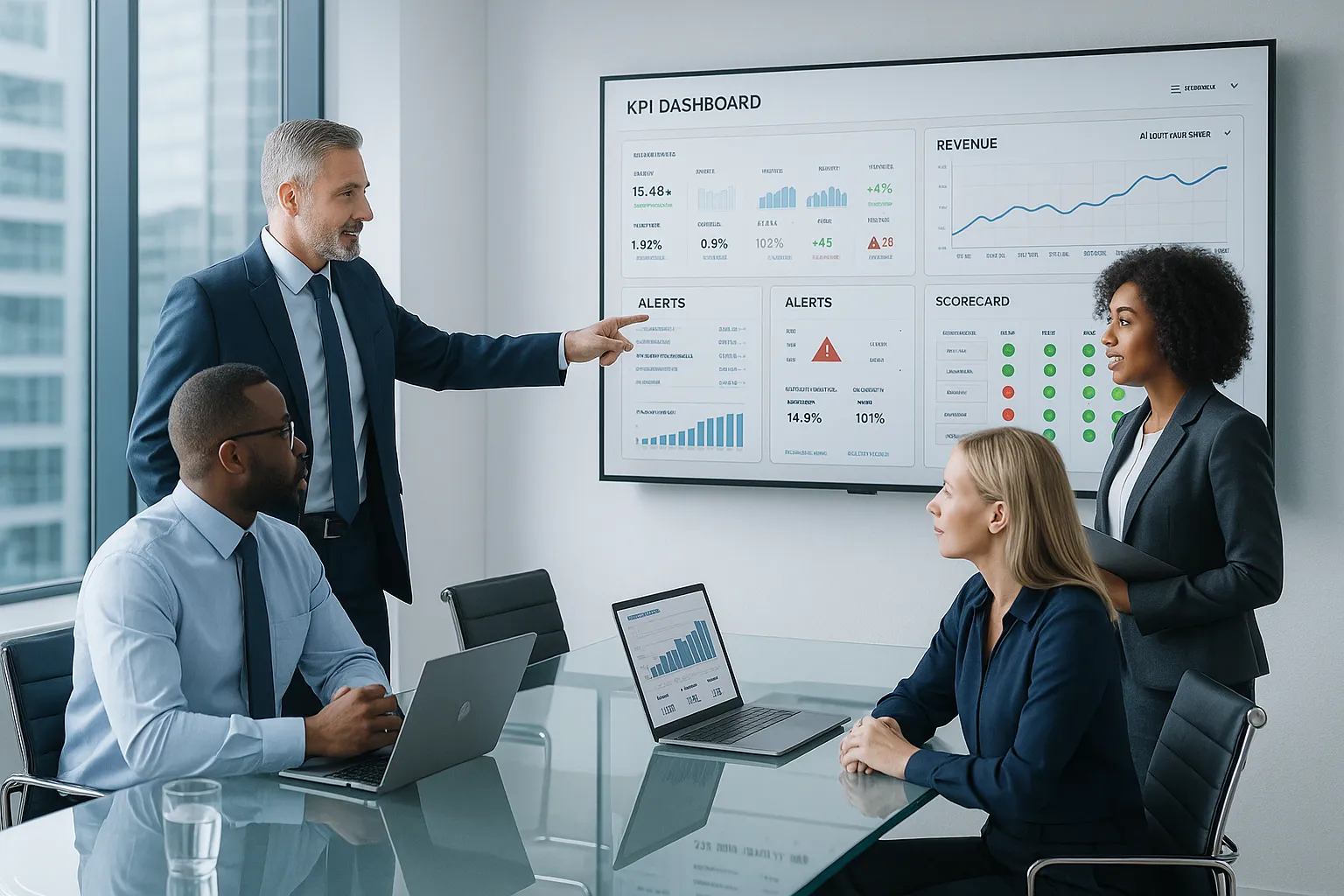 Enterprise team reviewing live KPI dashboards in a modern office.