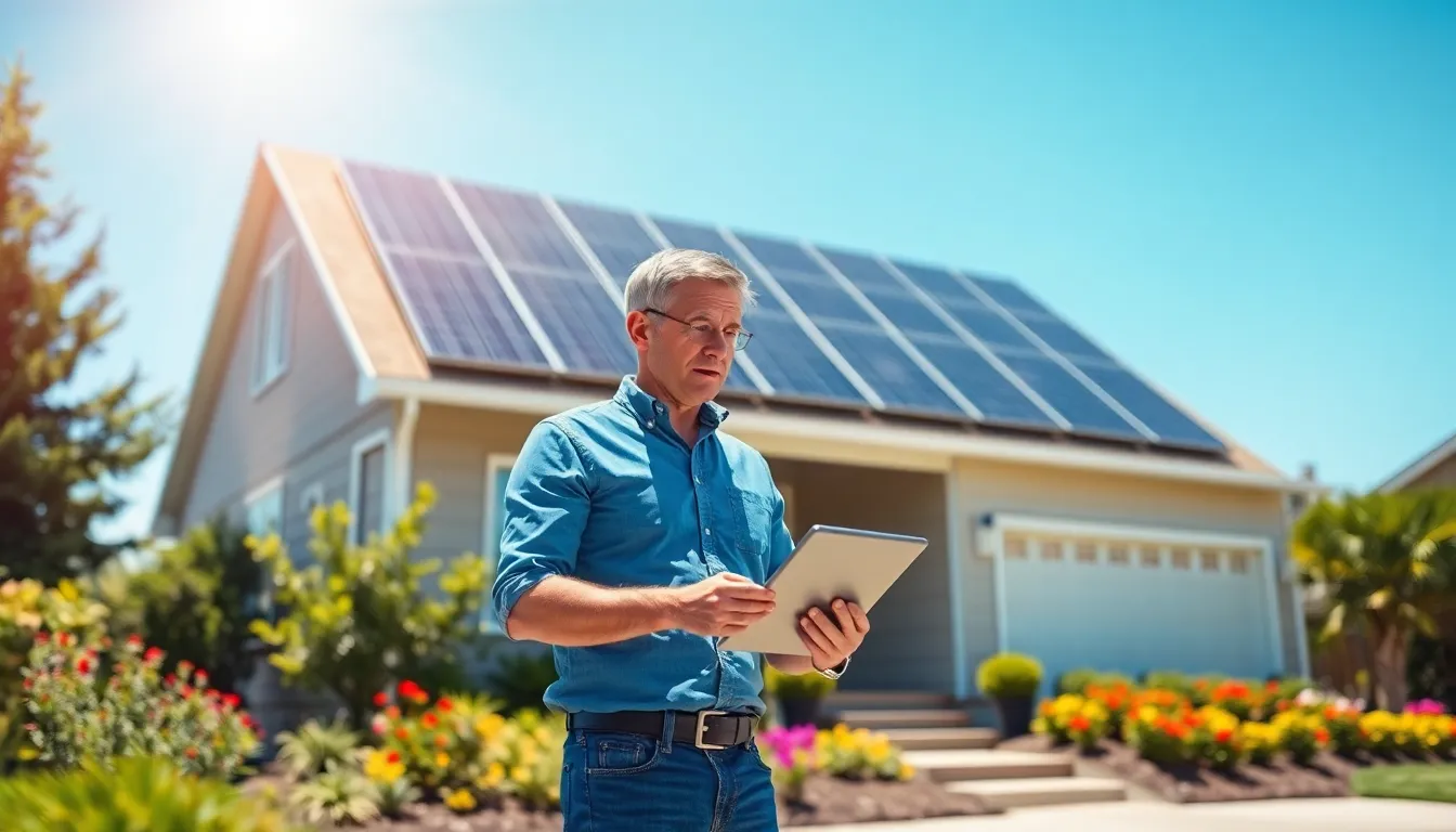 a man examines solar panels on a suburban home with a tablet.