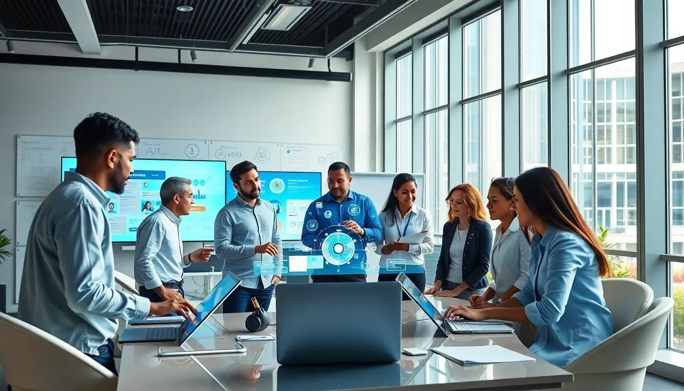 diverse professionals collaborating on a digital innovation platform in a modern office.