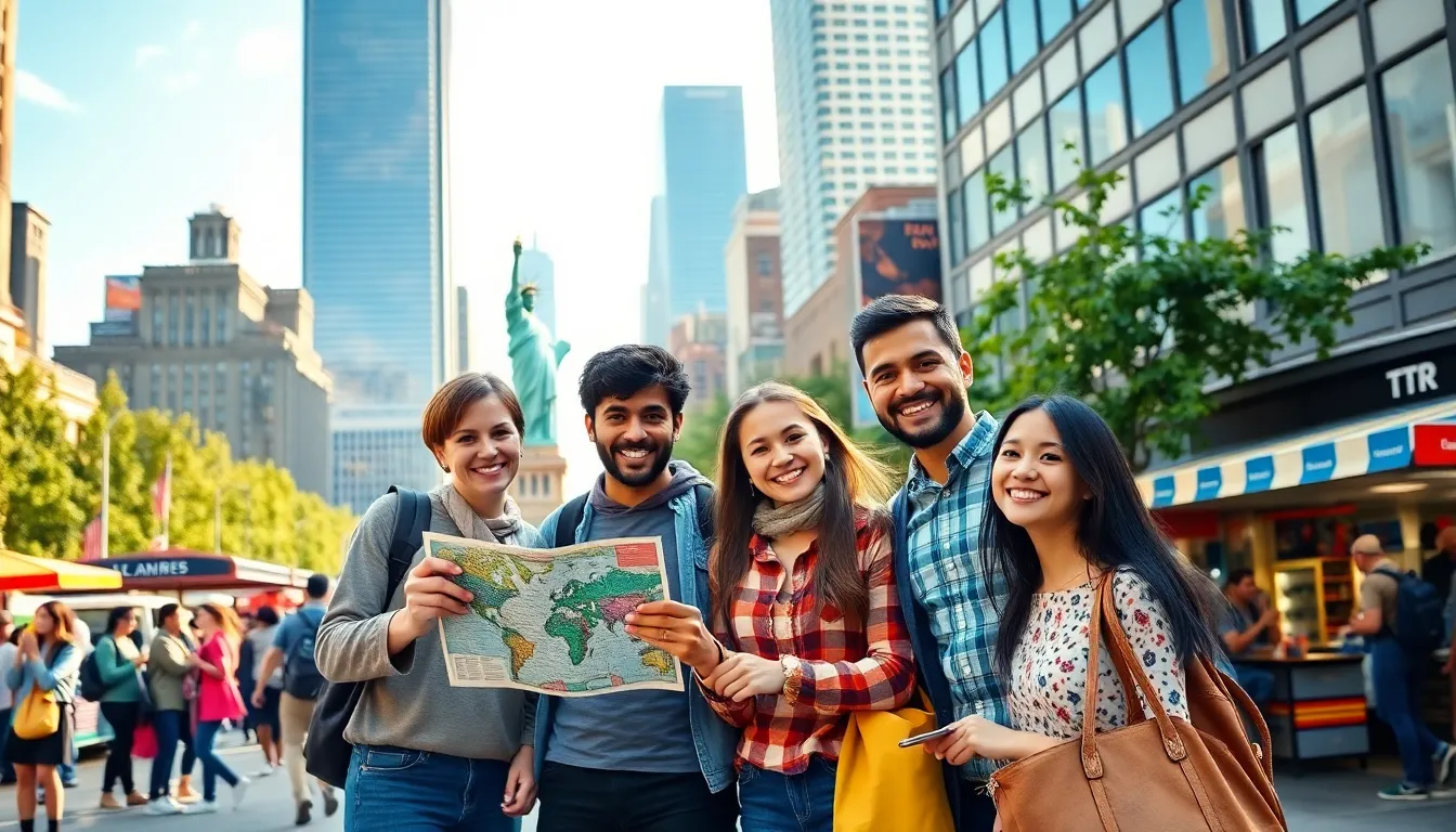 diverse travelers at the Statue of Liberty in New York City.