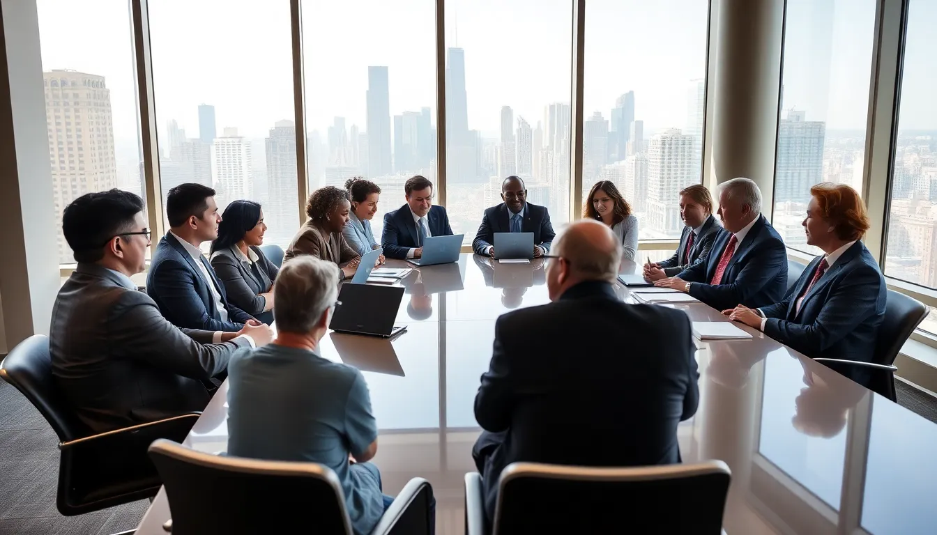 diverse professionals in a modern conference room discussing global affairs.