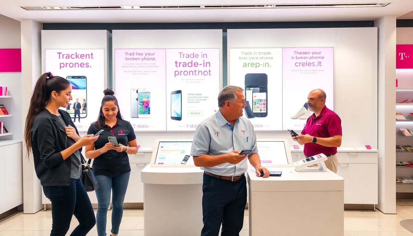 customers trading in broken phones at a T-Mobile store.