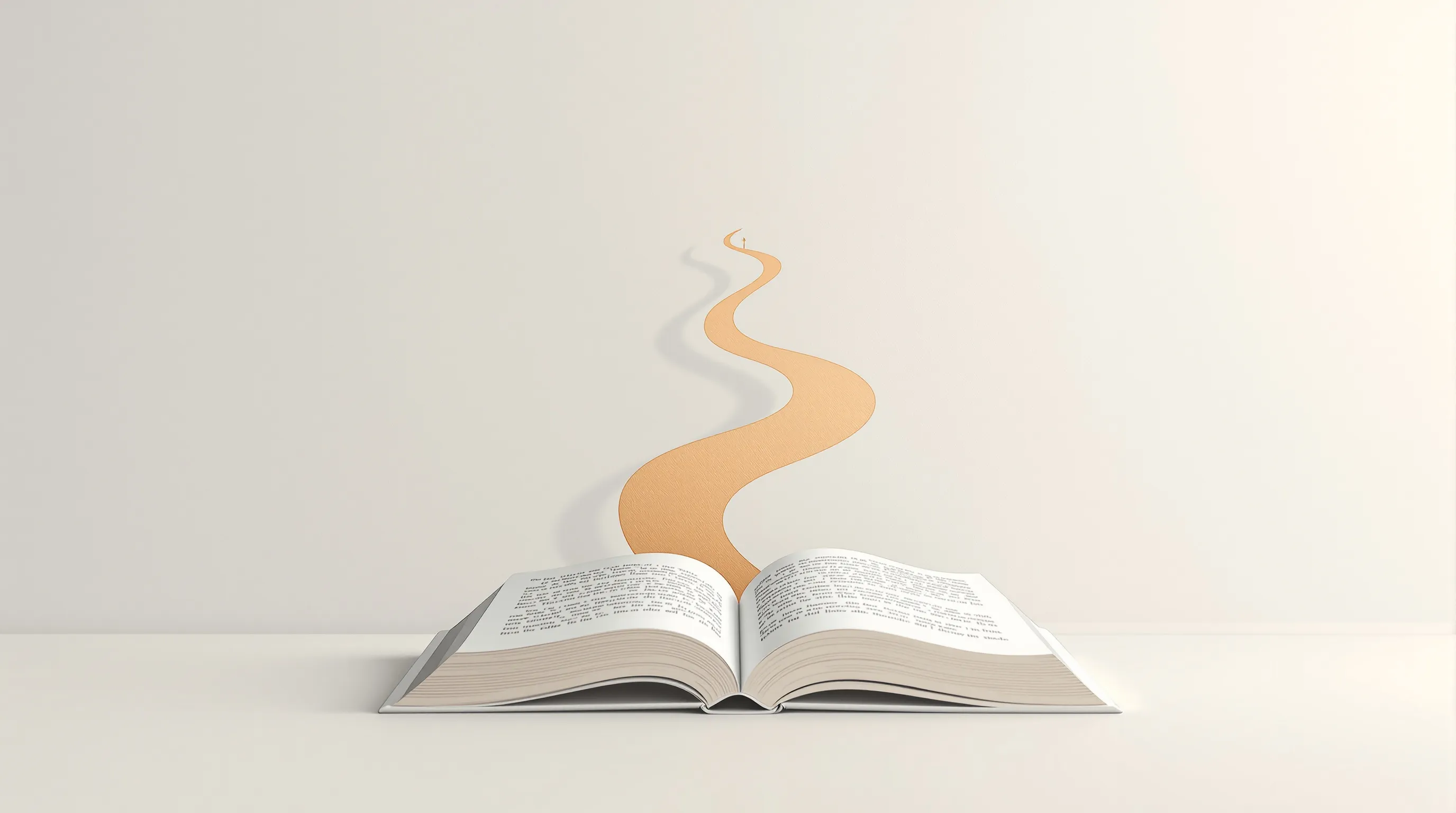 Minimal open book with abstract curved path above, symbolizing life's journey and wisdom.