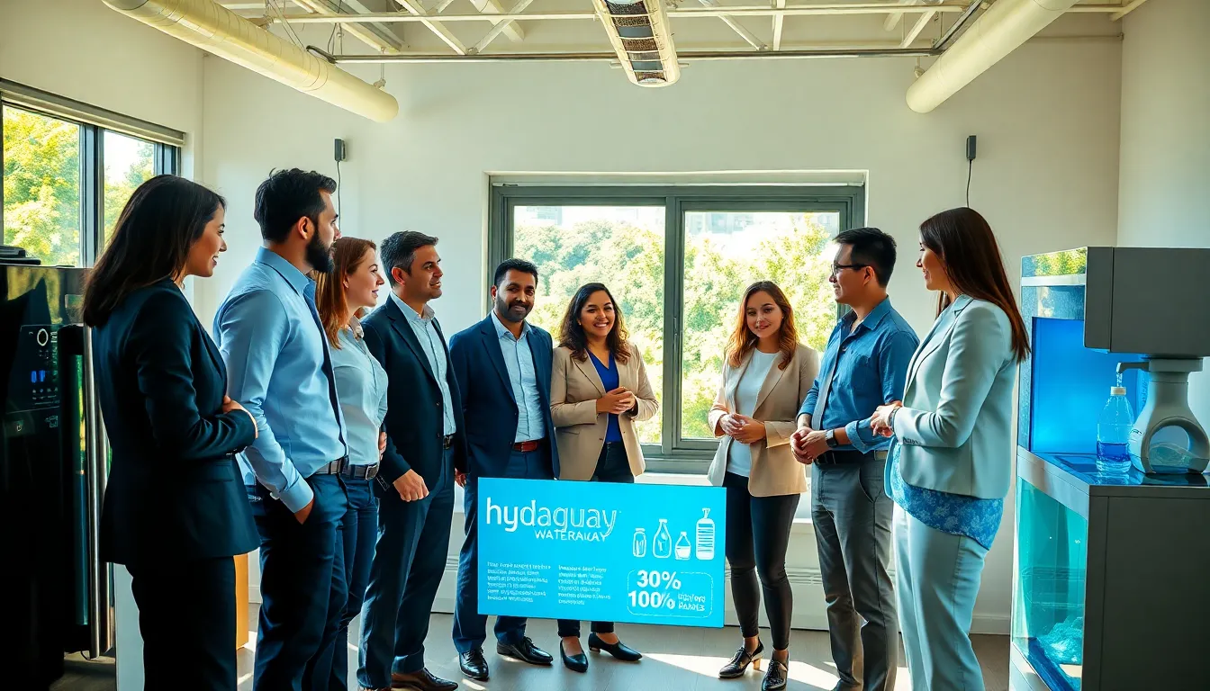 diverse team discussing water conservation in a modern office.