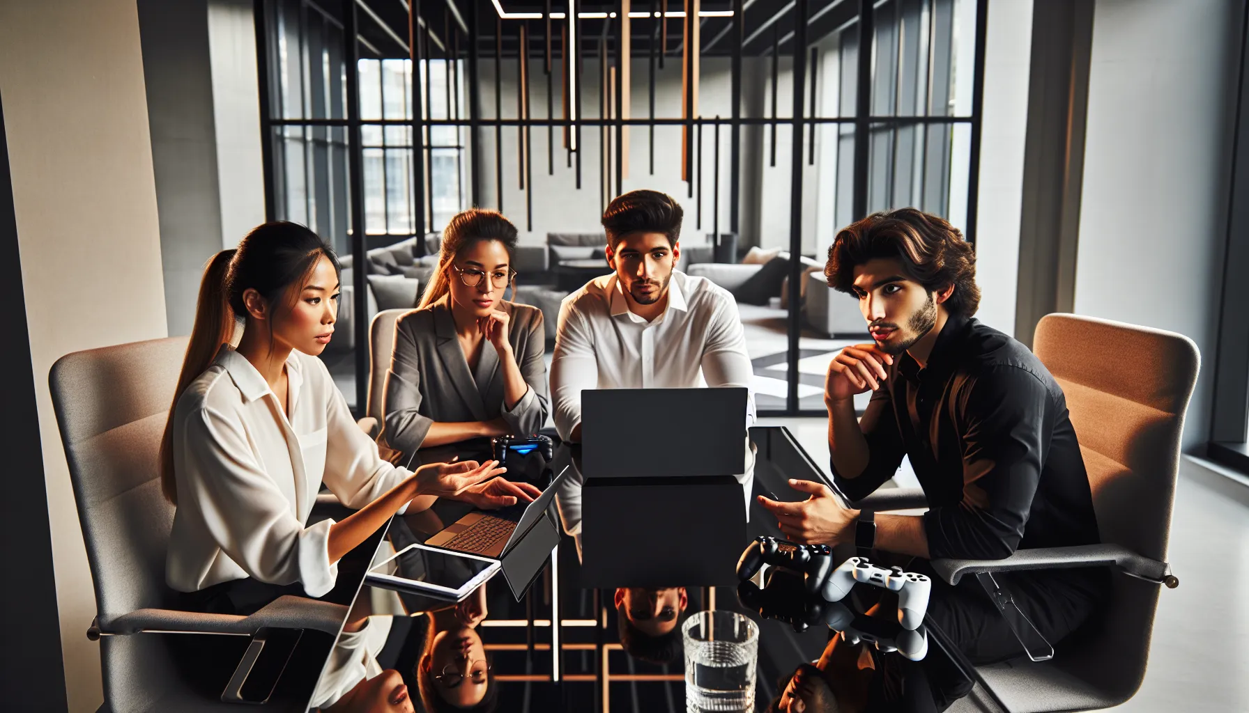 professionals discussing gaming's effects on mental health in a modern office.