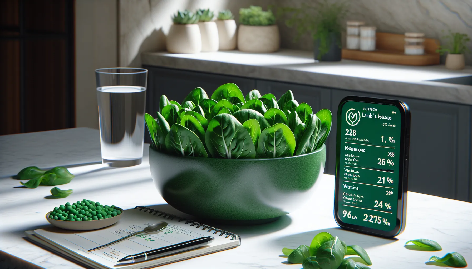 Fresh matovilac in a modern kitchen with a nutrition chart.
