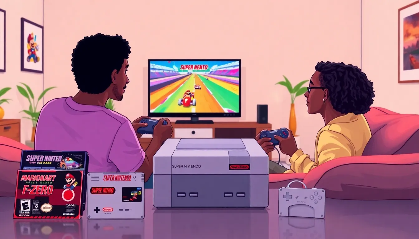 Gamers playing Super Nintendo racing games in a cozy living room.